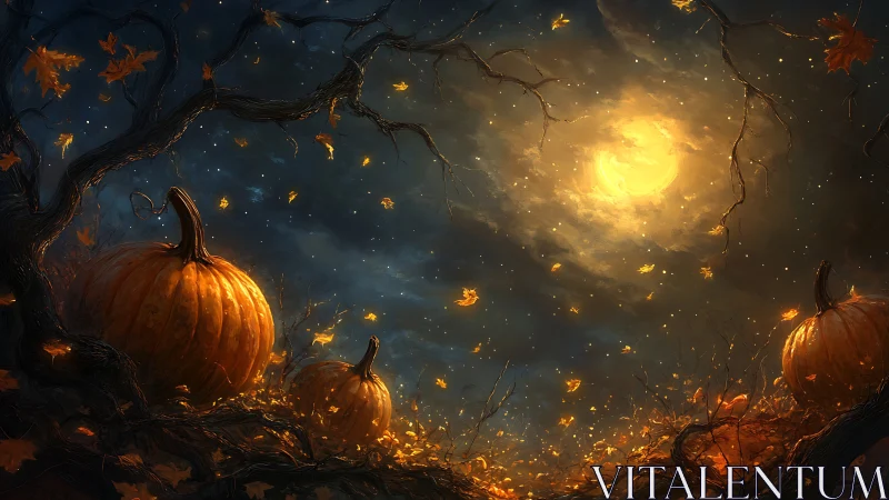 Luminous harvest moon over wind-swept nocturnal pumpkin ridge.