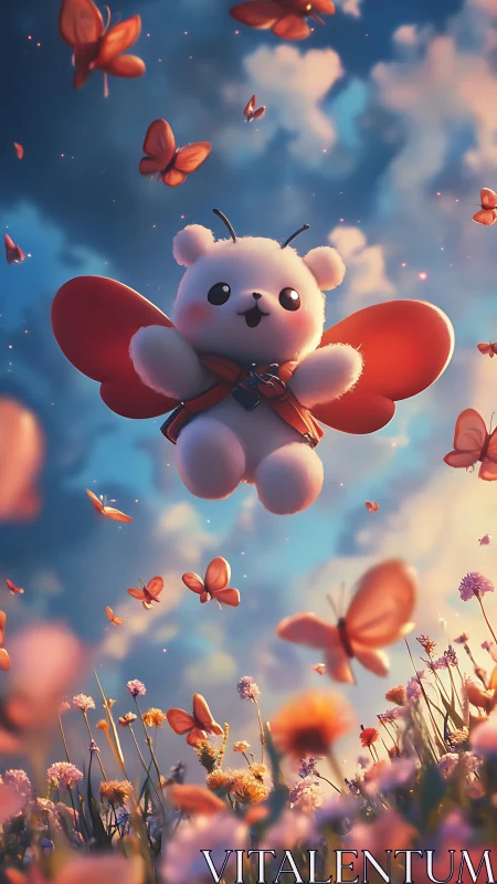 Winged teddy drifts skyward through a blizzard of butterflies