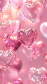 Translucent Pink Glass Hearts Suspended in Glowing Bokeh