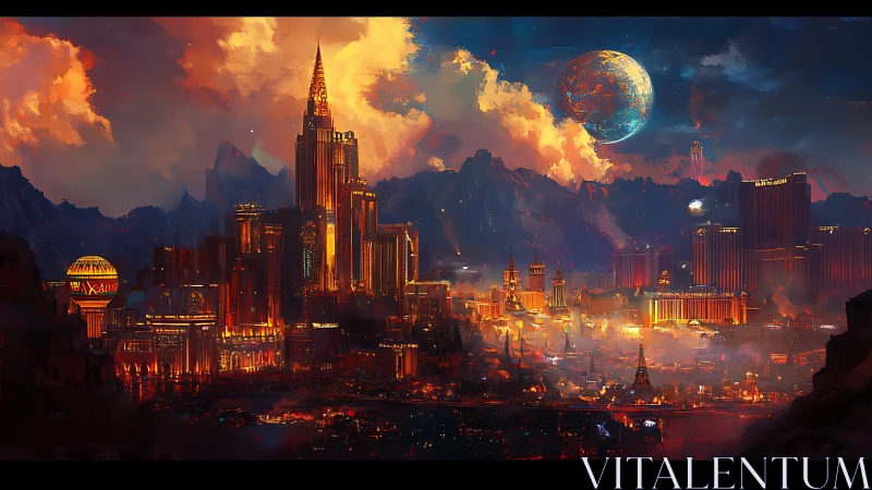Futuristic neon metropolis burns under colossal rising planet