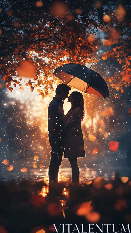 Silhouetted couple under umbrella amid autumn leaves and golden bokeh.