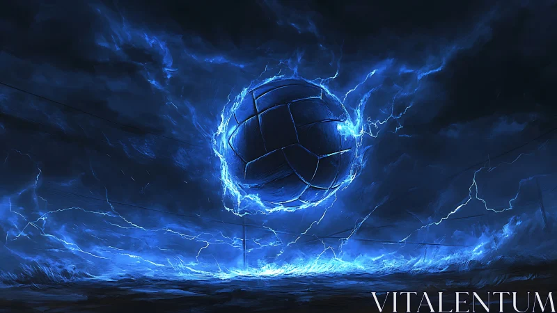 Electrified spherical object suspended in turbulent blue storm