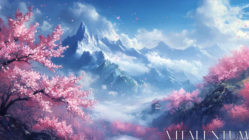 Spring blossoms drifting over serene snowcapped mountains.