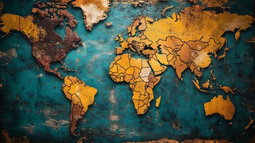 Weathered world map glows warmly against rich teal seas