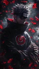 Masked ninja stands under storm clouds with red maple leaves