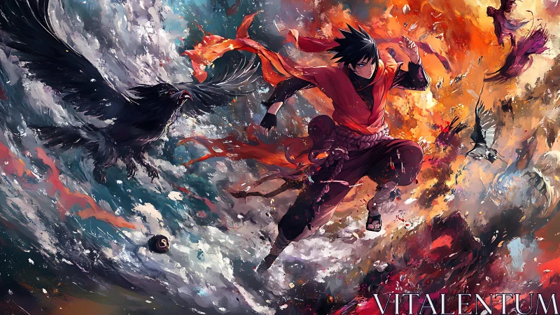 Anime warrior leaping through storm of fire and crows.
