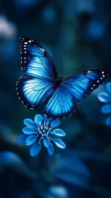 Midnight blue butterfly resting softly on glowing petals.