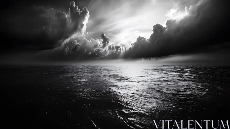 Monochrome storm front over reflective mid-ocean horizon line