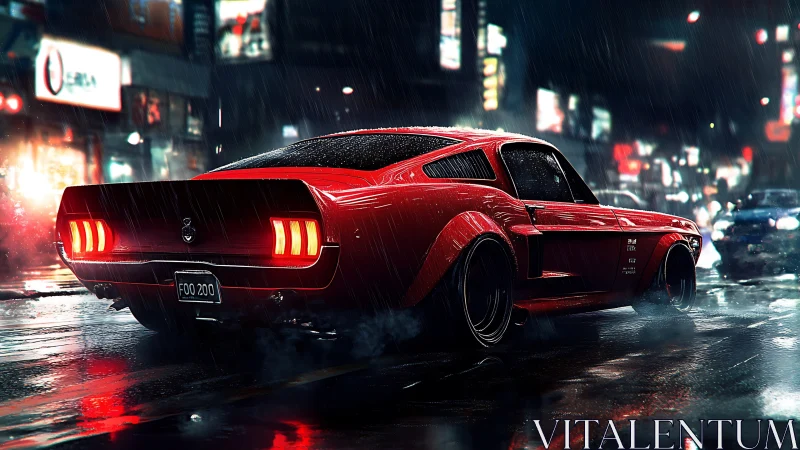 Crimson muscle car stalks neon city streets in midnight rain.
