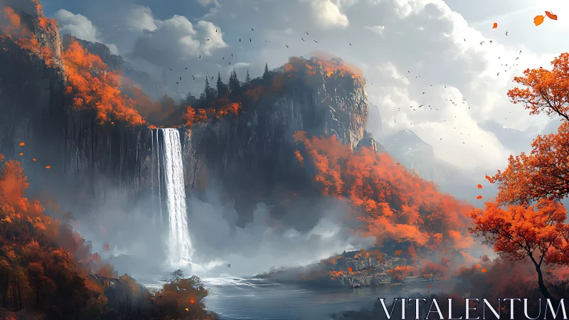 Digital landscape shows tall waterfall amid orange autumn forest