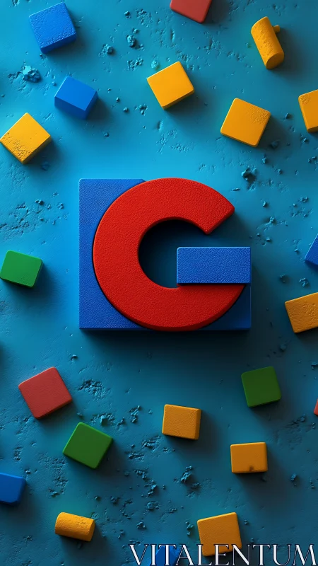 Red letter G on blue block among colorful toy cubes