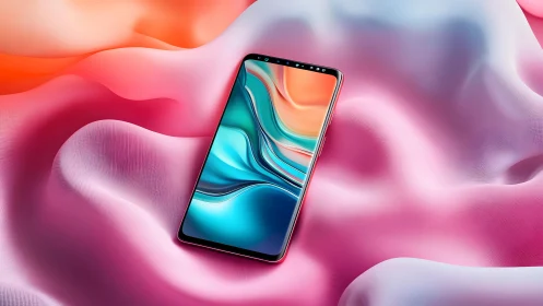 Modern smartphone on silky pastel fabric background, digital art style.