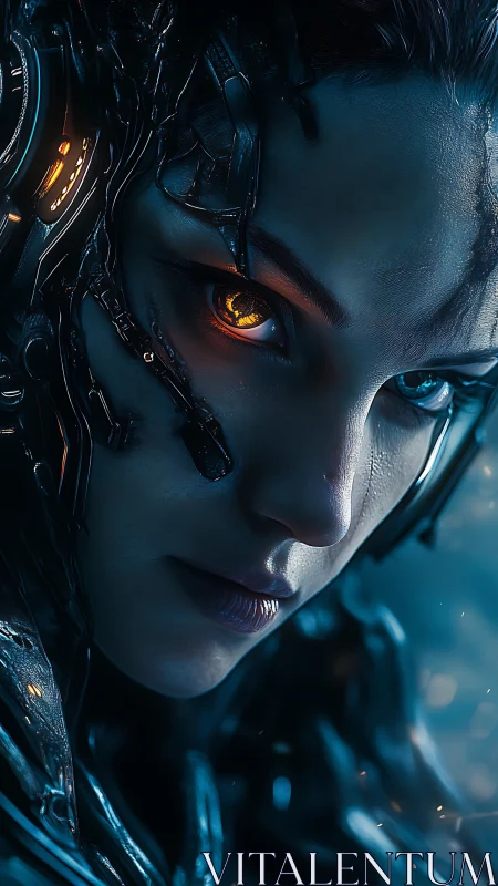 Cyborg female portrait with illuminated cybernetic eye detail.