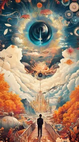 Stargazing wanderer walks a molten bridge into cosmic dawn