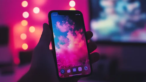 Neon-Lit Smartphone Display With Gradient Cloud Wallpaper.