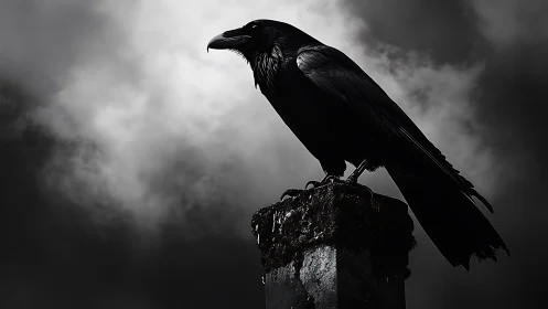 Moody raven rests on a weathered post beneath storm clouds