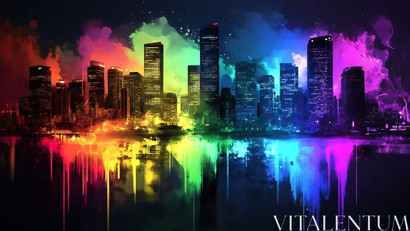 Chromatic skyline with spectral drip reflections at night.