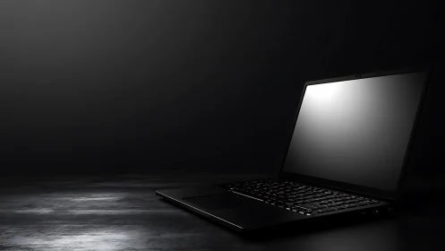 Sleek black laptop on reflective surface under low key light.