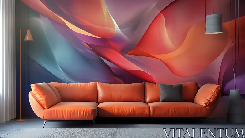 Orange sofa anchors abstract gradient mural living room.