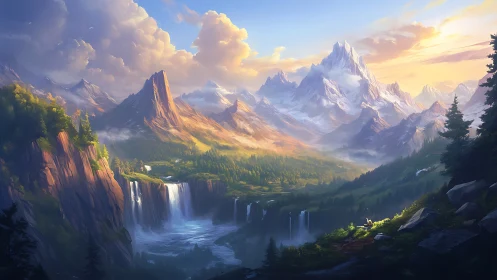 Sunlit alpine valley with grand waterfalls and peaks.