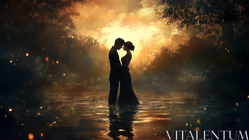 Couple Silhouetted in Water at Sunset.