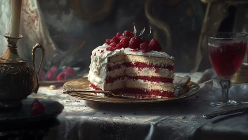 Layered Raspberry Cake with Whipped Cream and Fresh Berries.
