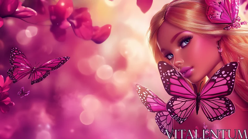 Pink fantasy woman with butterflies in glowing floral scene.