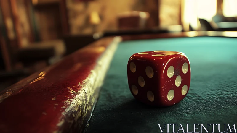 Red casino die rests on worn pool table under warm light