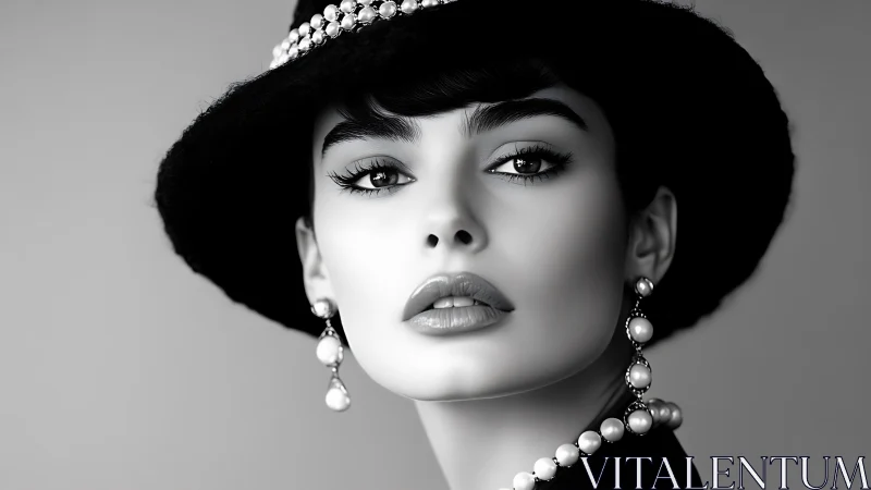 Velvet gaze of a pearl-clad muse in monochrome chic.