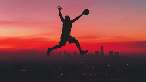 Silhouetted basketball player soaring over sunset city skyline.
