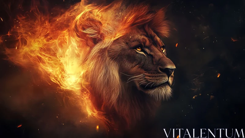 Fiery lion portrait in dramatic ember-infused profile lighting.