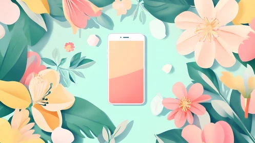 Smartphone framed by pastel floral vectors balances tech and nature