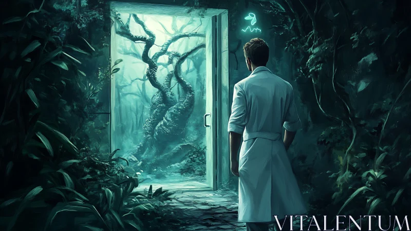 Scientist in white coat facing glowing door to twisted forest