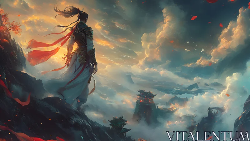 Lone skyward wanderer gazing across glowing misty peaks.