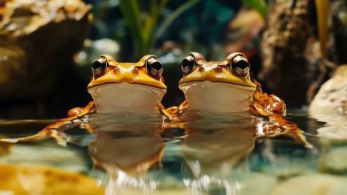 Two orange frogs remain partially submerged in clear water