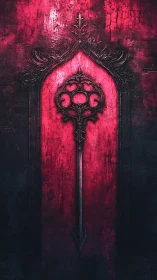 Gothic blood-red key pierces textured cathedral door