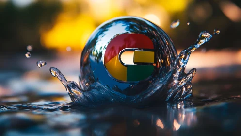 Chrome-inspired glass sphere splashing in water, digital art style.