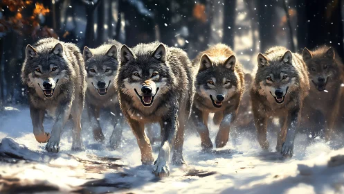 Wolf pack running through snowy forest in low winter light.