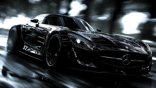 Black Mercedes sports car racing on wet road at speed.