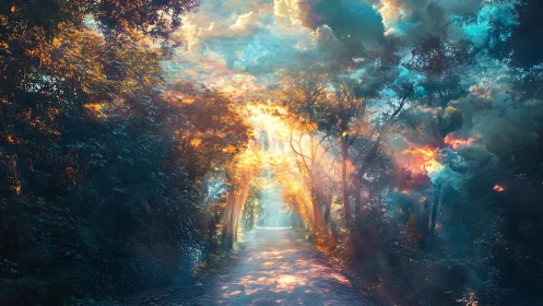 Sunlit Forest Path with Dramatic Atmospheric Effects.