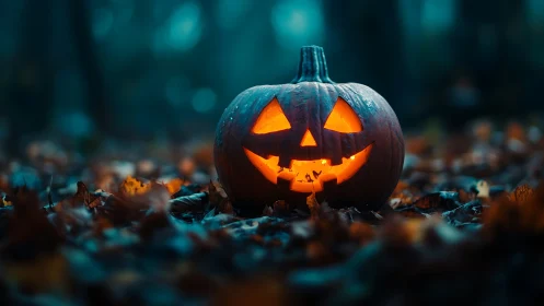 Glowing jack o lantern in dark autumn forest at dusk.