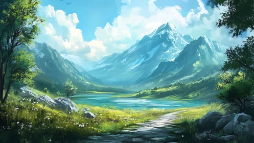 Mountain lake valley under bright summer daylight.