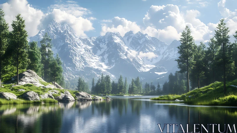 Snow-capped alpine range reflected in tranquil glacial lake