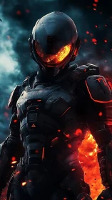 Armored sci‑fi figure amid sparks and backlit flames.