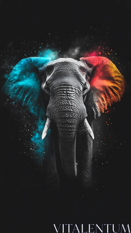 Majestic elephant emerges with neon wings in cosmic darkness