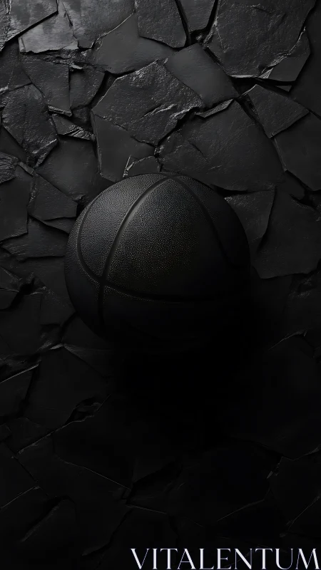 Monochrome basketball rests on irregular dark stone surface