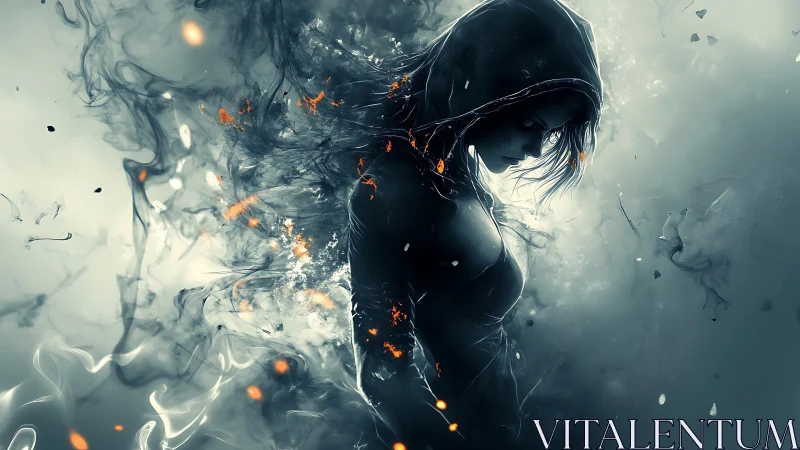 Hooded female figure stands amid smoke and scattered embers