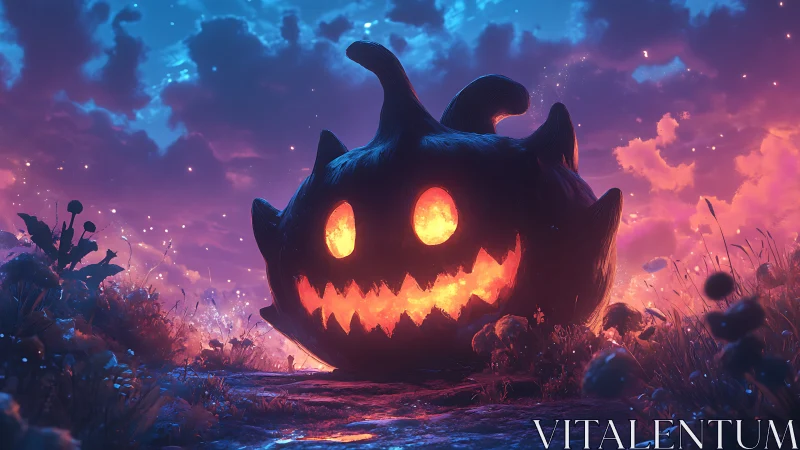 Fantasy jack-o-lantern monolith under bioluminescent dusk sky.