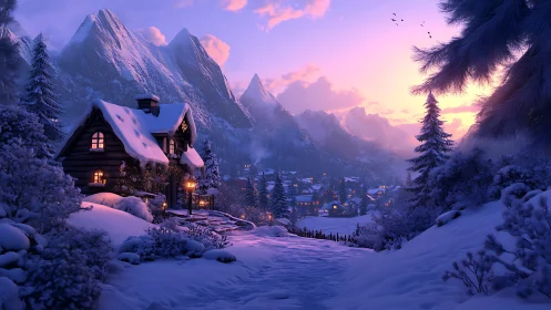 Snowy mountain village at dusk with warm cabin lights.