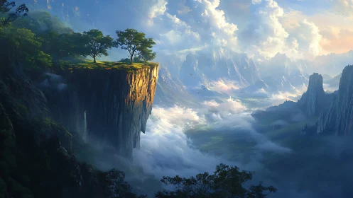 Floating mesa with trees towers above misty valleys below.